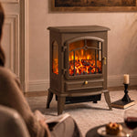 Electric Fireplace Stove With Realisric Log Flame Effect | Brown