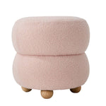 Round Teddy Fleece Upholstered Footstool Upholstered Ottoman With Wooden Legs | Pink