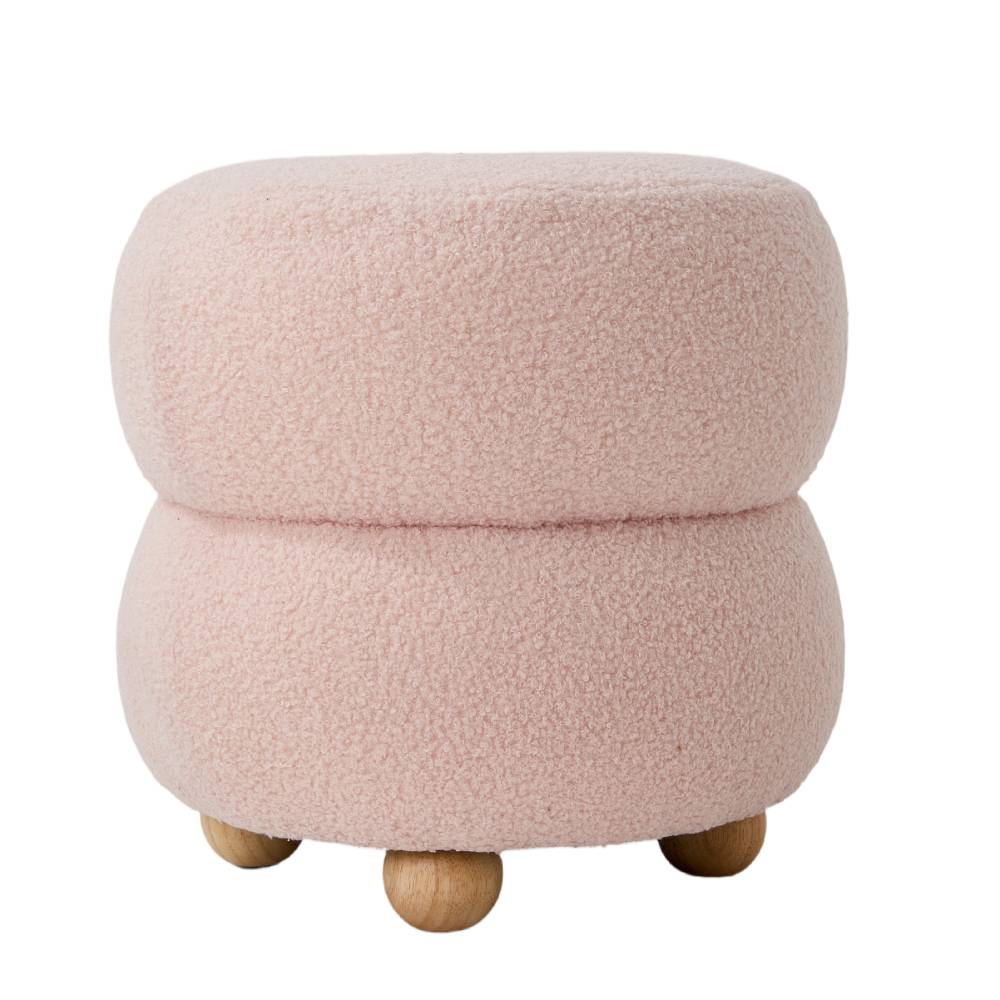 Round Teddy Fleece Upholstered Footstool Upholstered Ottoman With Wooden Legs | Pink