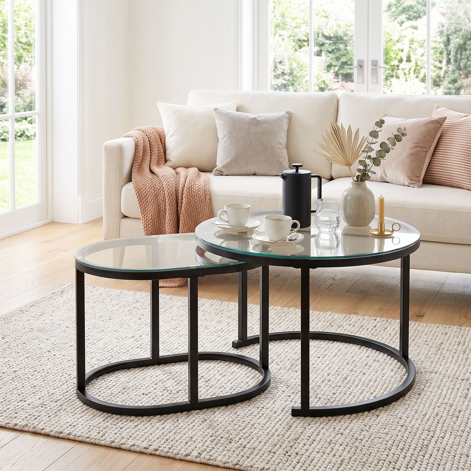 2 Pcs Modern Coffee Table With Tempered Glass Side Tables | Black