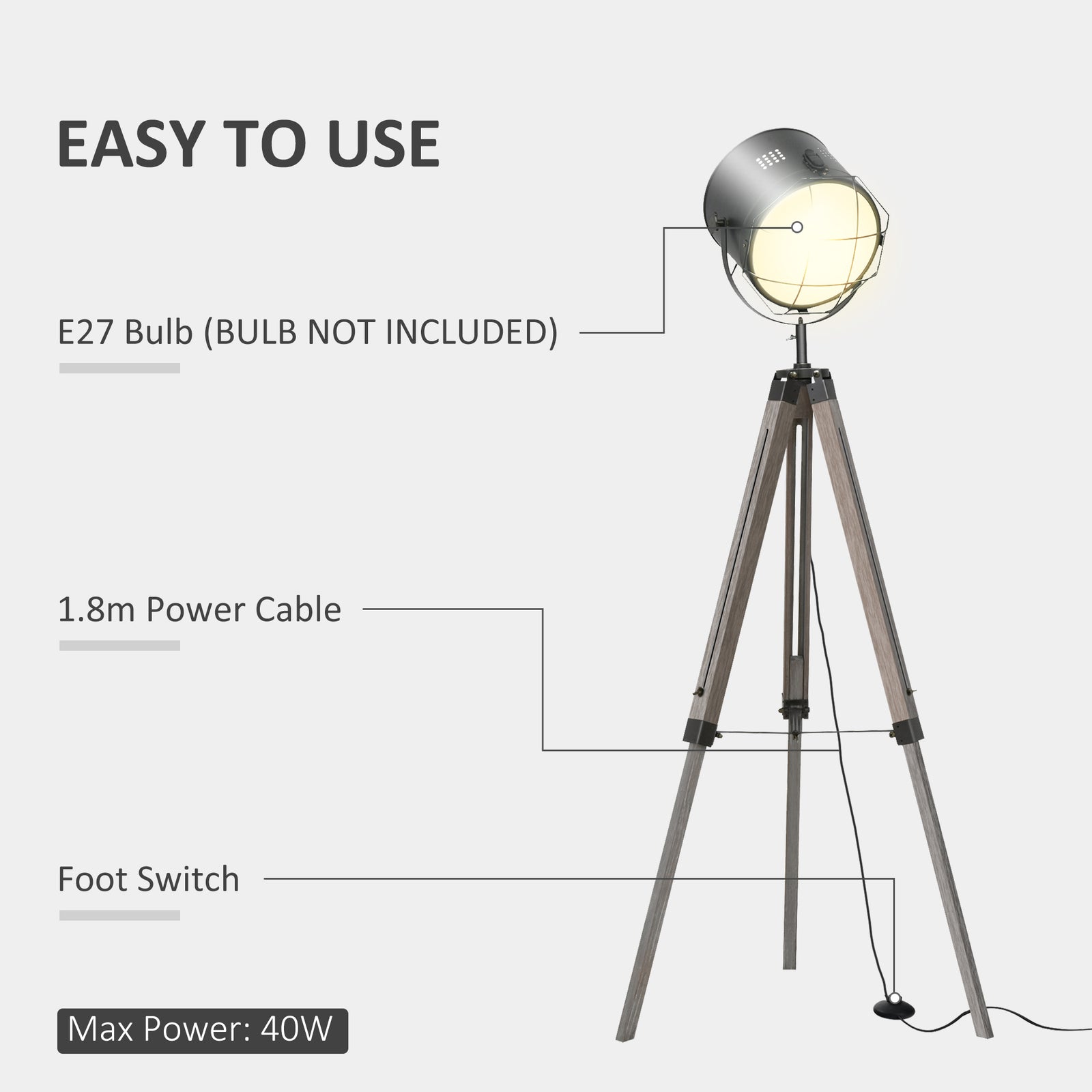 Tripod Floor Lamp Height Adjustable E27 Base Living Room