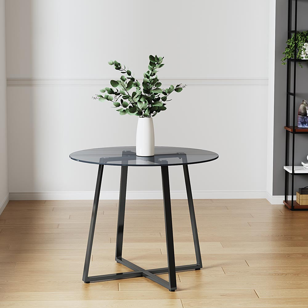 90cm Dia Modern Round Dining Table With Tempered Glass Top