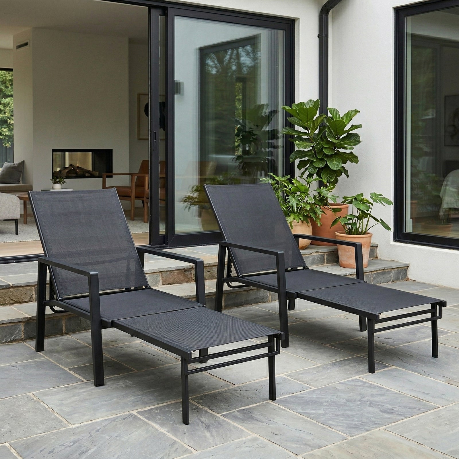 Sun Lounger W/ Retractable Footrest, 5-position Adjustable | Set-of-2 | Black