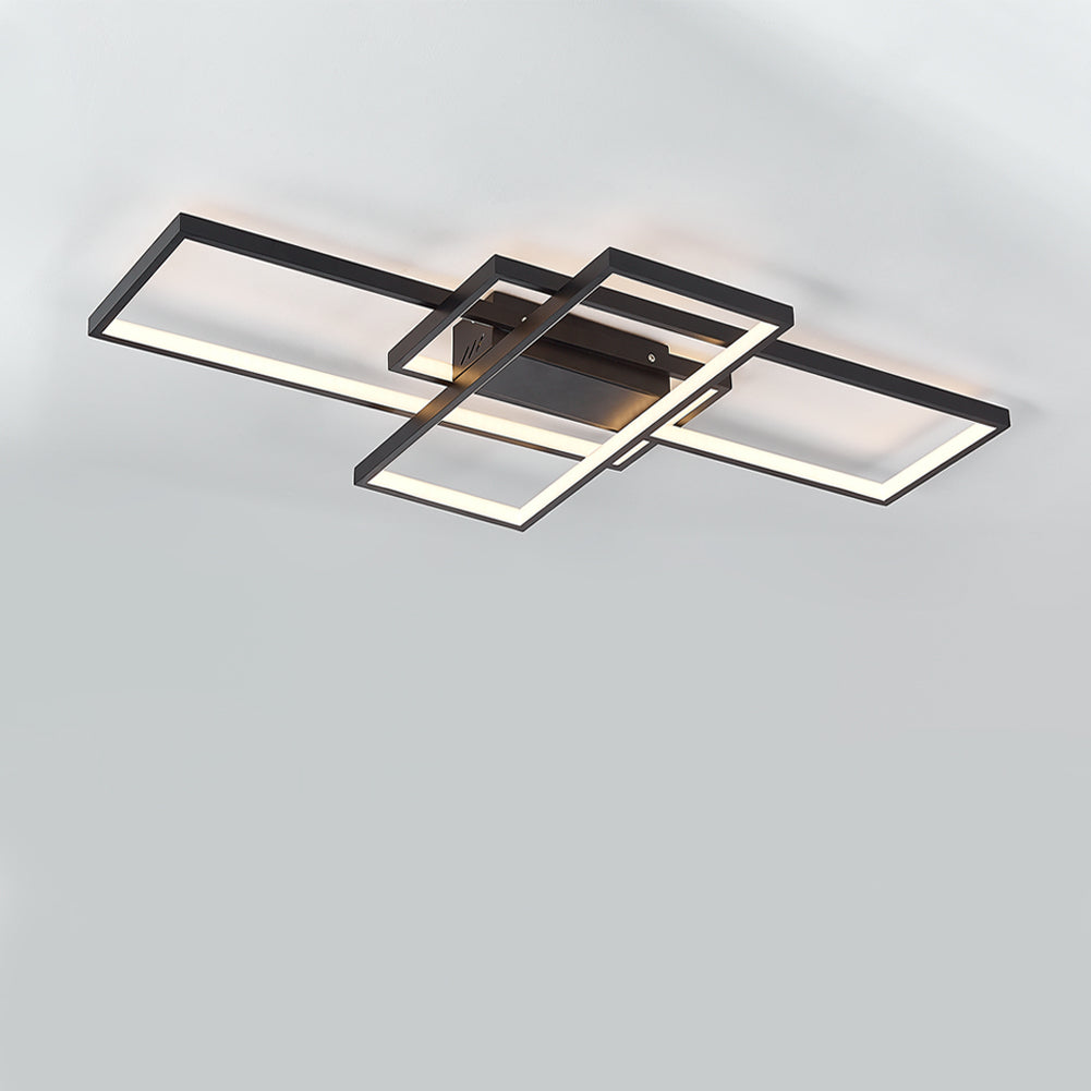 Modern Black Led Ceiling Light, Rectangular Frame, Dimmable Semi-flush Mount With Remote Control