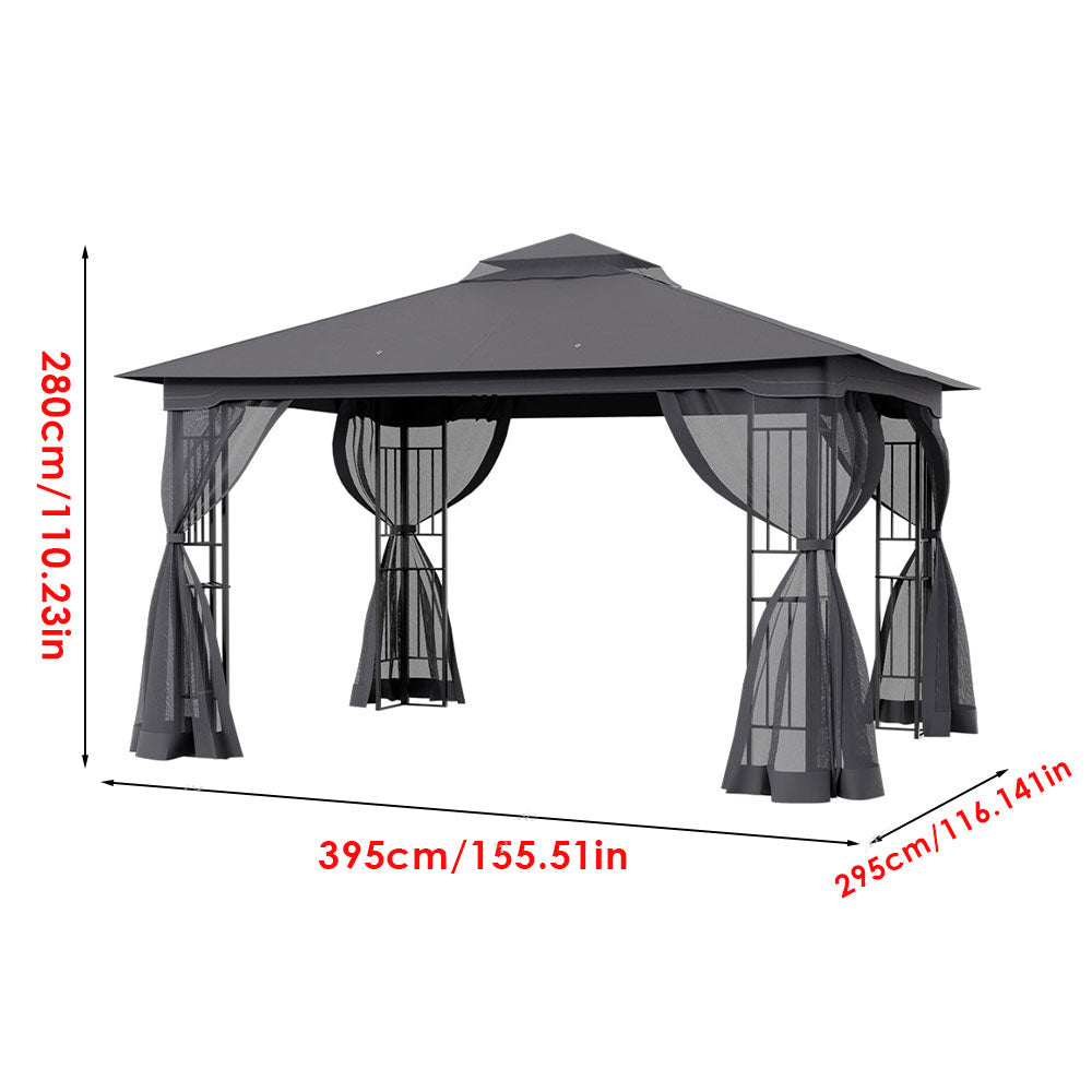 395cm X 295cm Outdoor Garden Gazebo With Ventilated Roof And Mesh Curtains,steel Frame Patio Shelter & Pa-coated Polyester Canopy For Backyard And Parties
