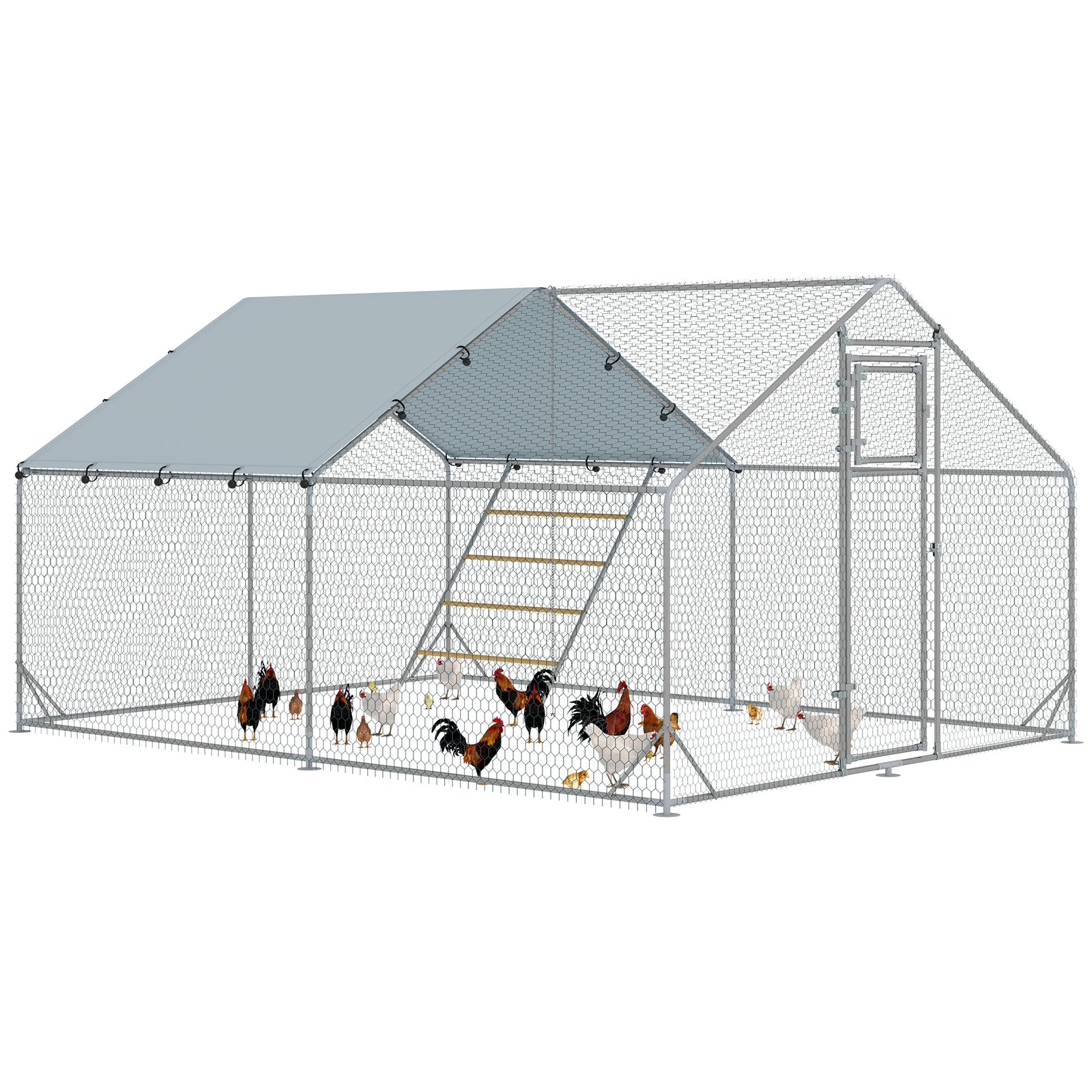 Walk In Chicken Run W/ Cover, Hanging Feeder, Perch | Large | Silver
