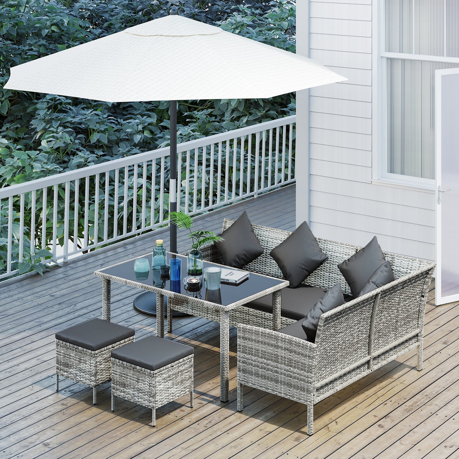 5 Pcs 6 Seater Corner Garden Sofa With Glass Top Table