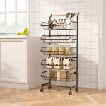 3/4/5-tier Adjustable Black Carbon Steel Storage Cart Rolling Utility Organizer Trolley With Wooden Handle | Large | Black
