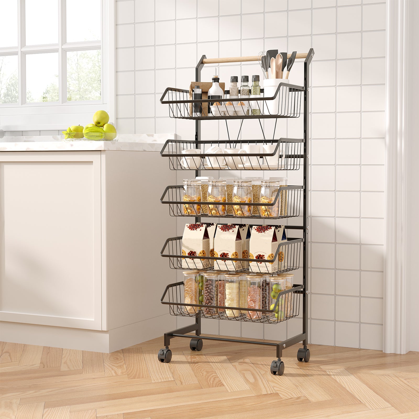 3/4/5-tier Adjustable Black Carbon Steel Storage Cart Rolling Utility Organizer Trolley With Wooden Handle | Large | Black