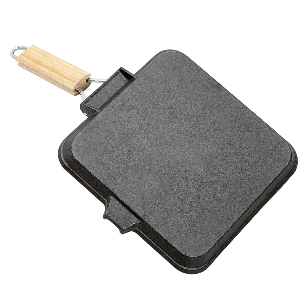 24cm Cast Iron Grill Pan Cookware With Folding Wood Handle & Oil Spout