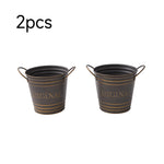 2-piece Retro Metal Plant Pot Set With Wooden Handle | Set of 2 | Slate Grey