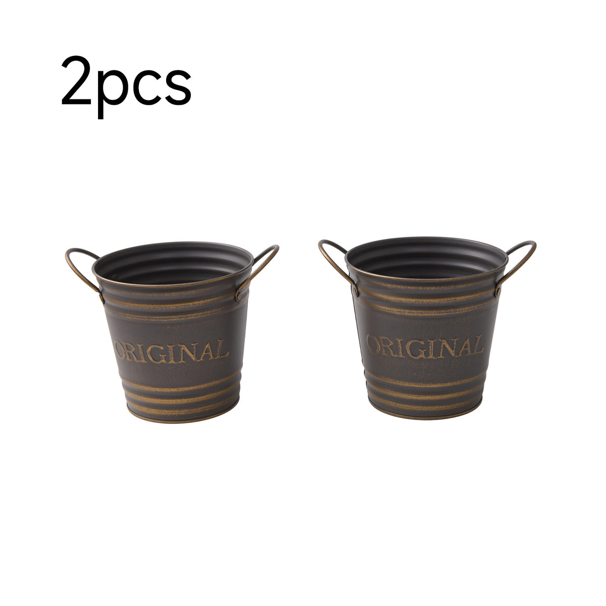 2-piece Retro Metal Plant Pot Set With Wooden Handle | Set of 2 | Slate Grey
