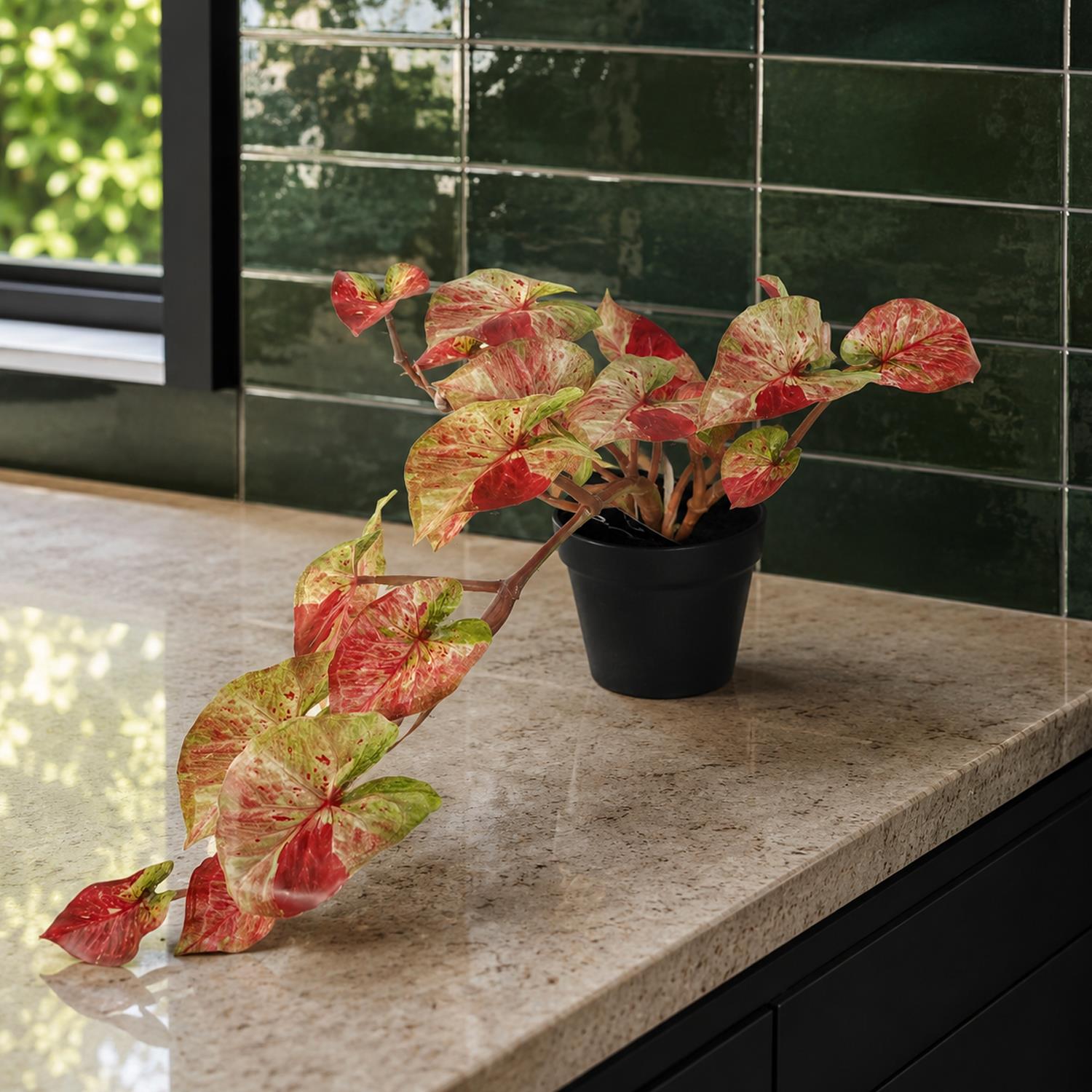 Artificial 35cm Trailing Hanging Plant Realistic Pink Splash Caladium