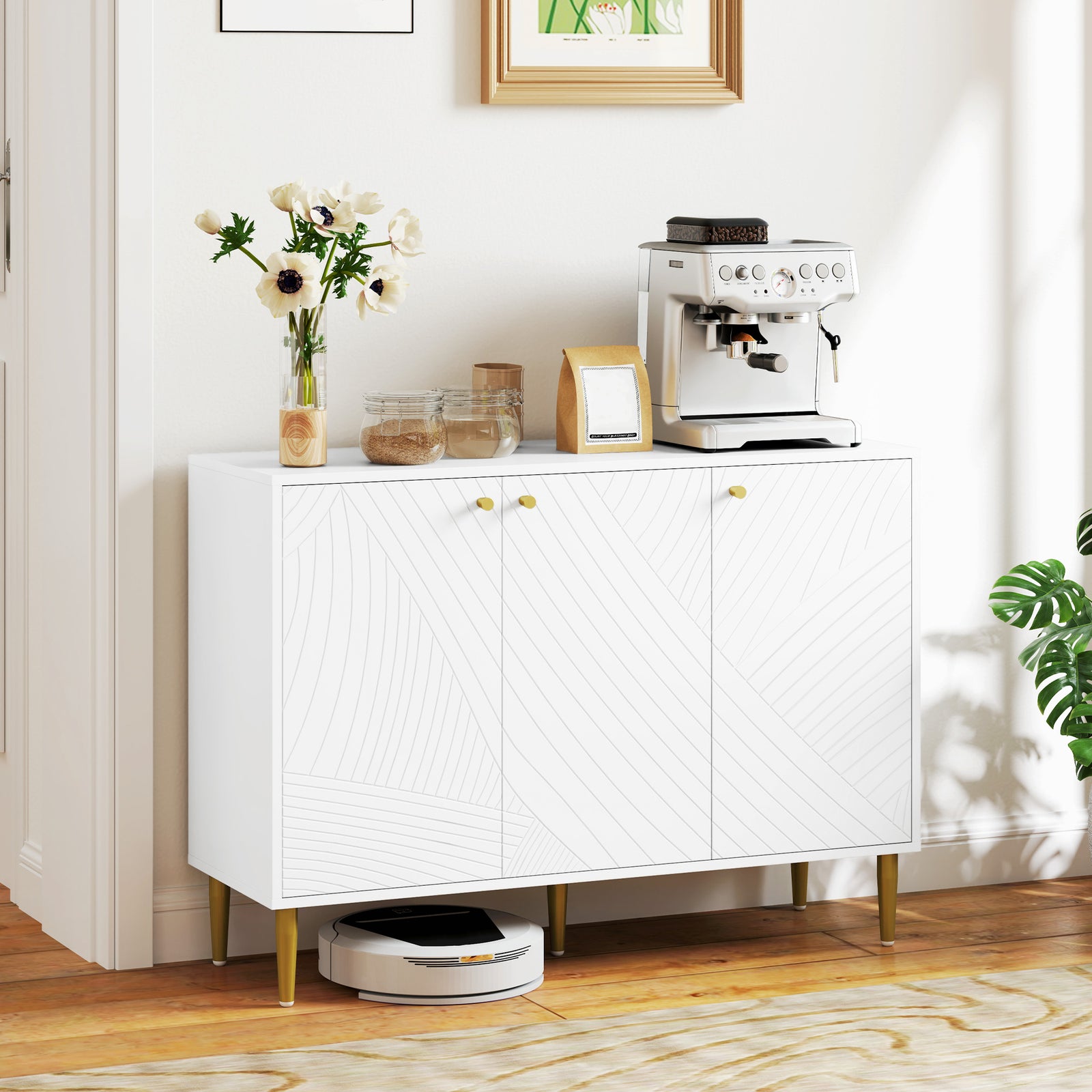 Sideboard Storage Cabinet With 3 Carved Line Doors