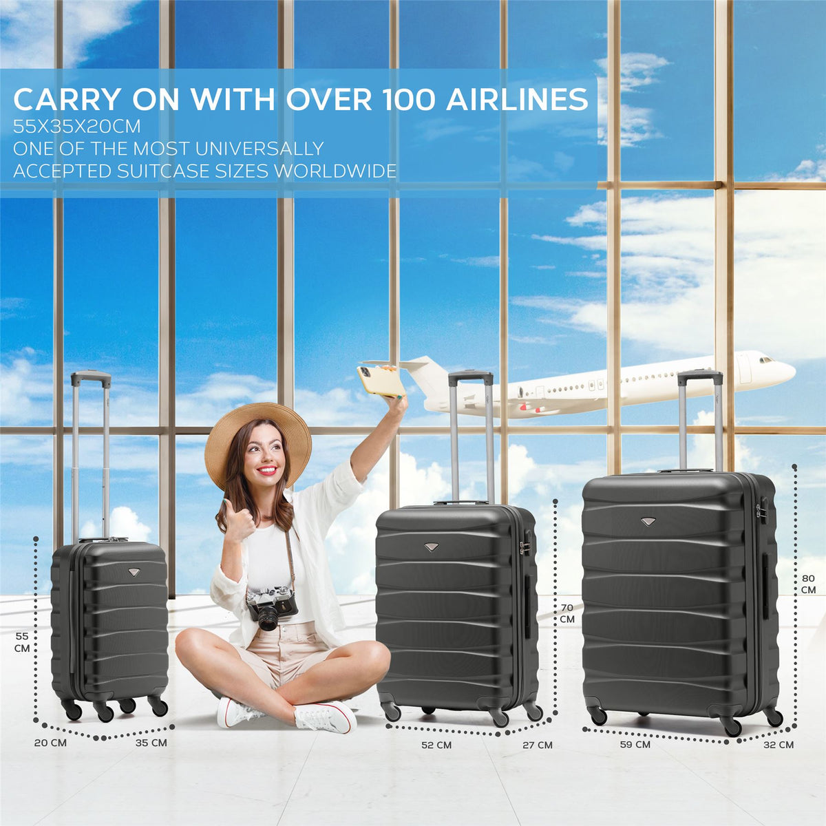 Set Of 3 Hard Shell Suitcase Cabin & Check In Cases With Tsa Lock - Overhead Cabin With Medium & Large Check-in Bag | Set of 3 | Charcoal