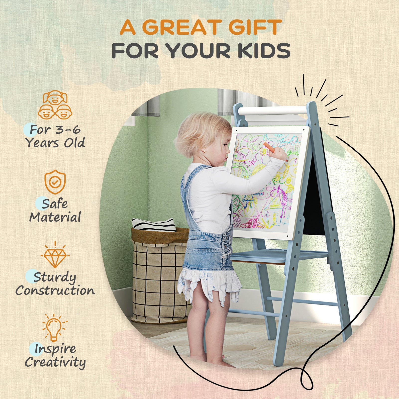 3 In 1 Easel For Kids, With Paper Roll, Adjustable Height | Blue