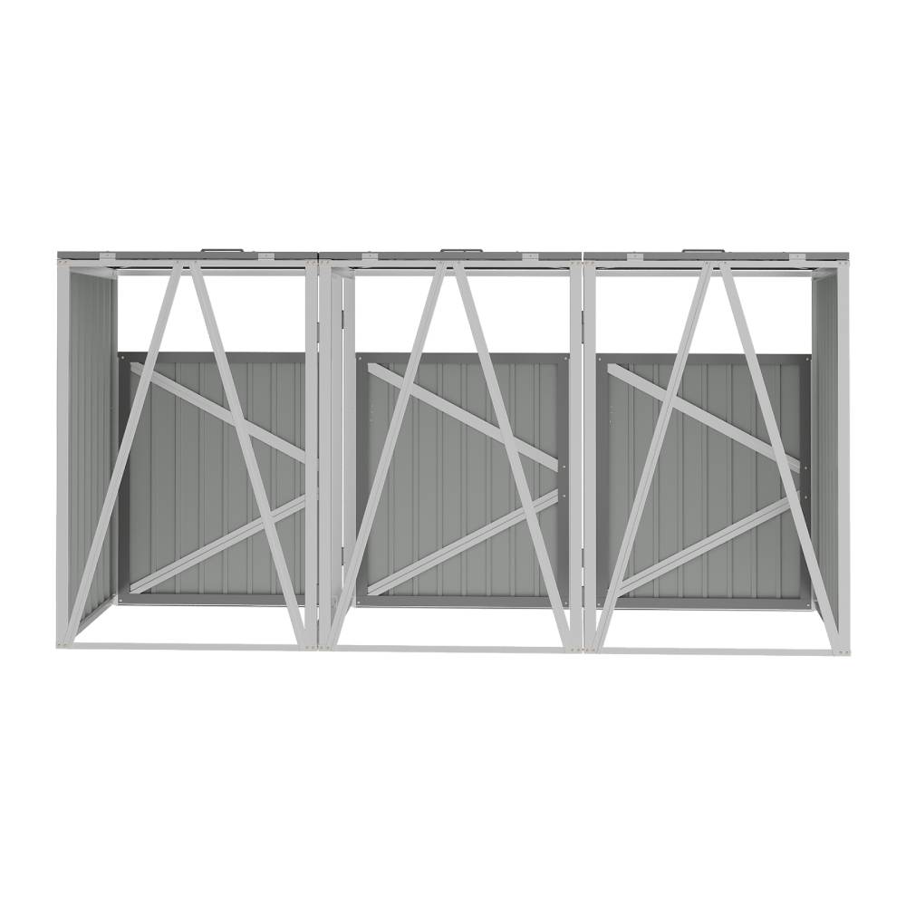3 Bin Storage Shed – Heavy-duty Galvanized Steel Outdoor Bin Store With Lift-up Lids & Lockable Doors | Grey
