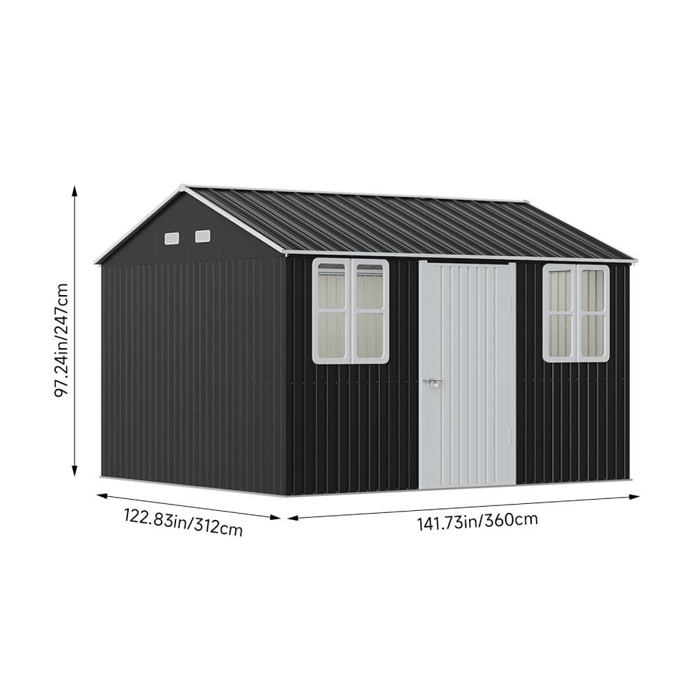 12x10ft Outdoor Metal Storage Shed With Apex Roof Lockable Doors, 2 Transparent Windows & 4 Ventilation Panels