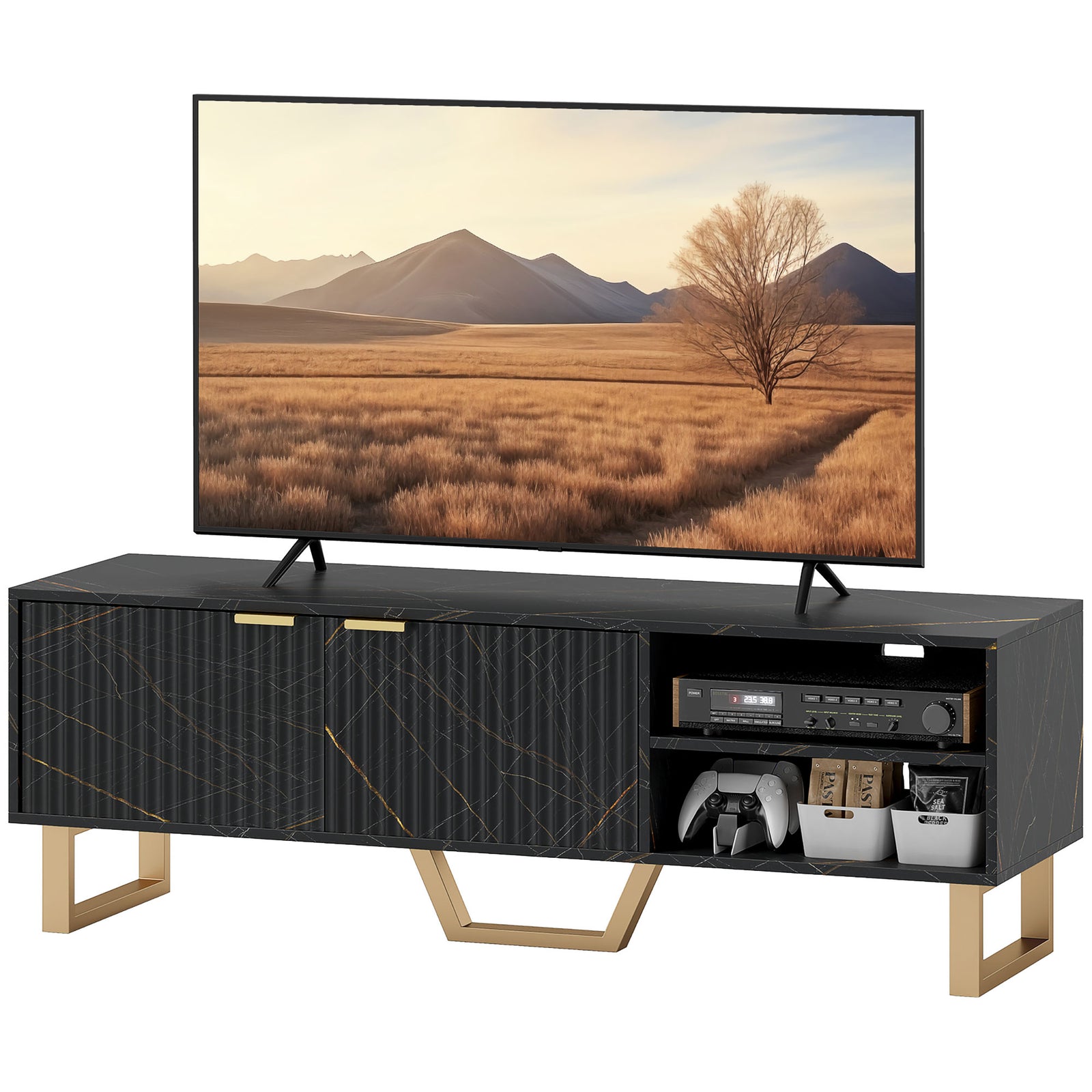 Tv Unit, Tv Stand Cabinet With Shelves And Storage Cupboard | One Size | Black