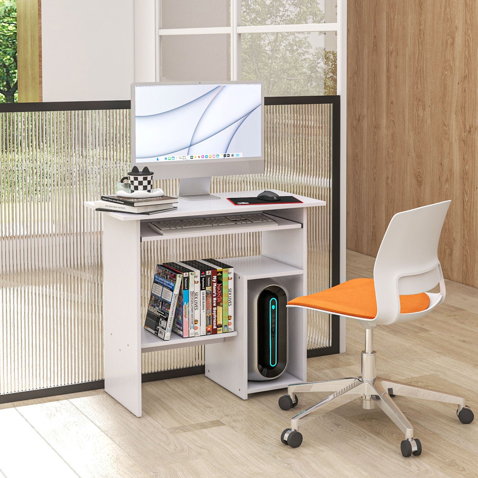 Compact Computer Table, Keyboard Tray | White