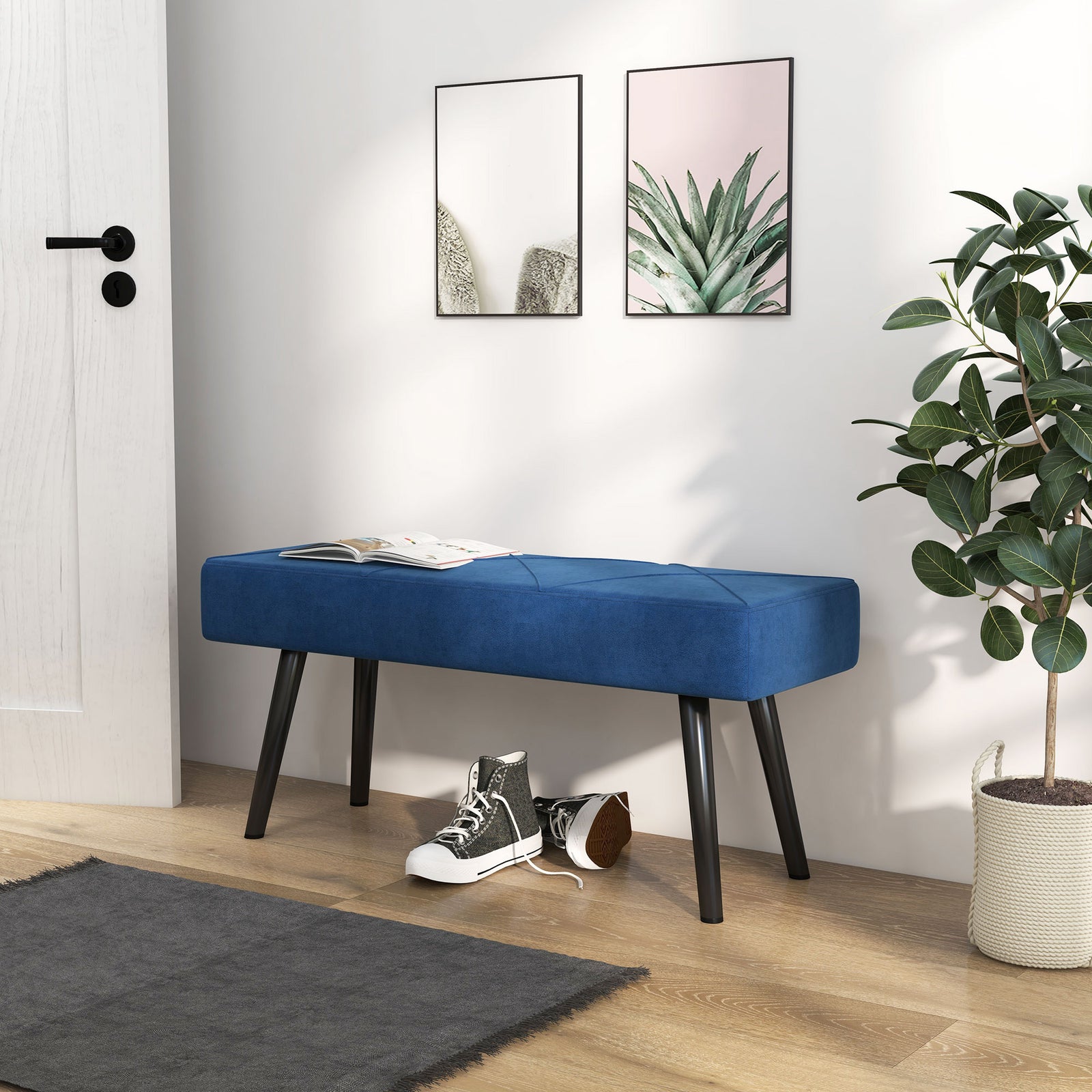 End Of Bed Bench Upholstered Hallway Bedroom With Steel Legs | One Size | Blue