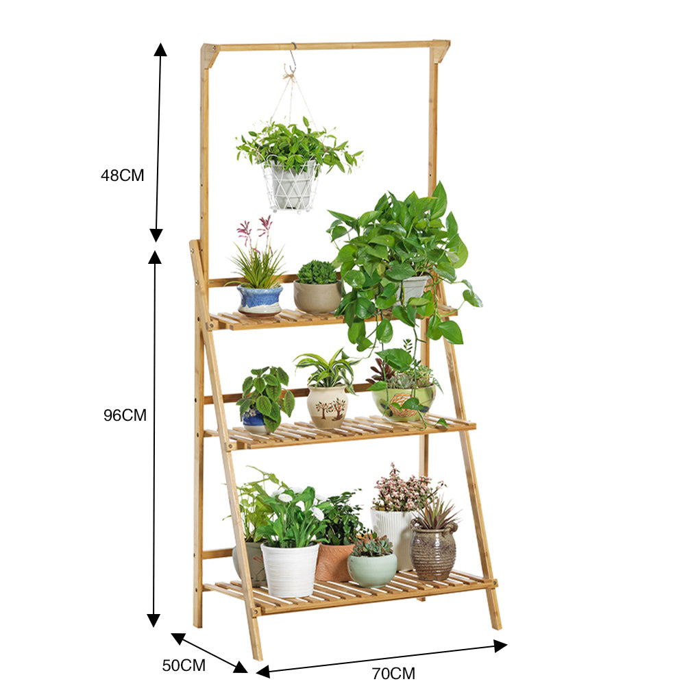 3-tier Foldable Wooden Ladder Shelf With Hanging Rod | Natural