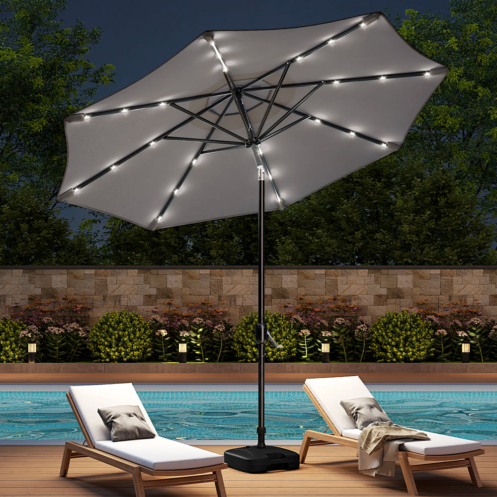 3m Outdoor Patio Parasol – Solar-powered Umbrella With 24 Led Lights, Tilt & Crank Handle, With Fillable Base | One Size | Light Grey