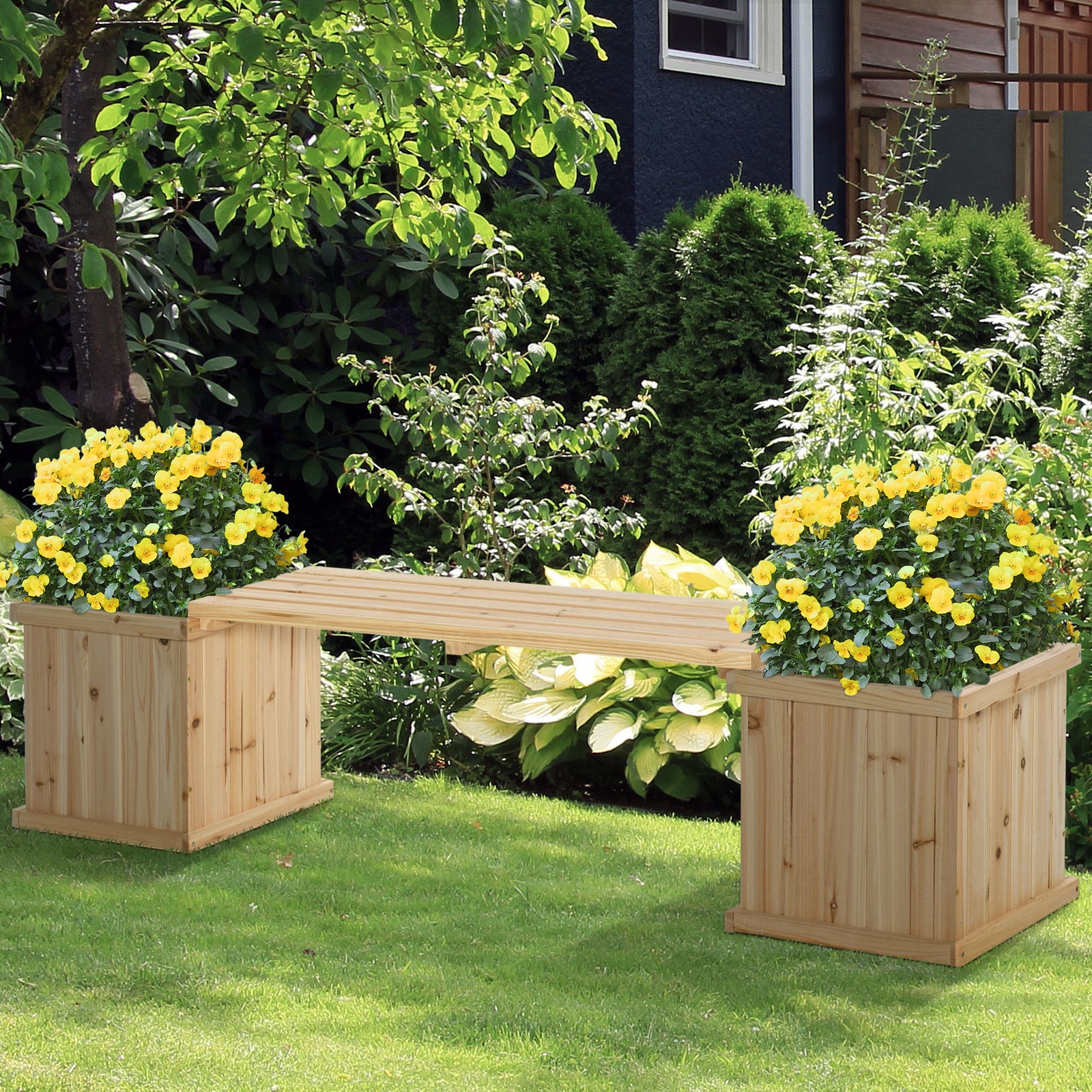Wooden Garden Planter & Bench Combo Raised Bed