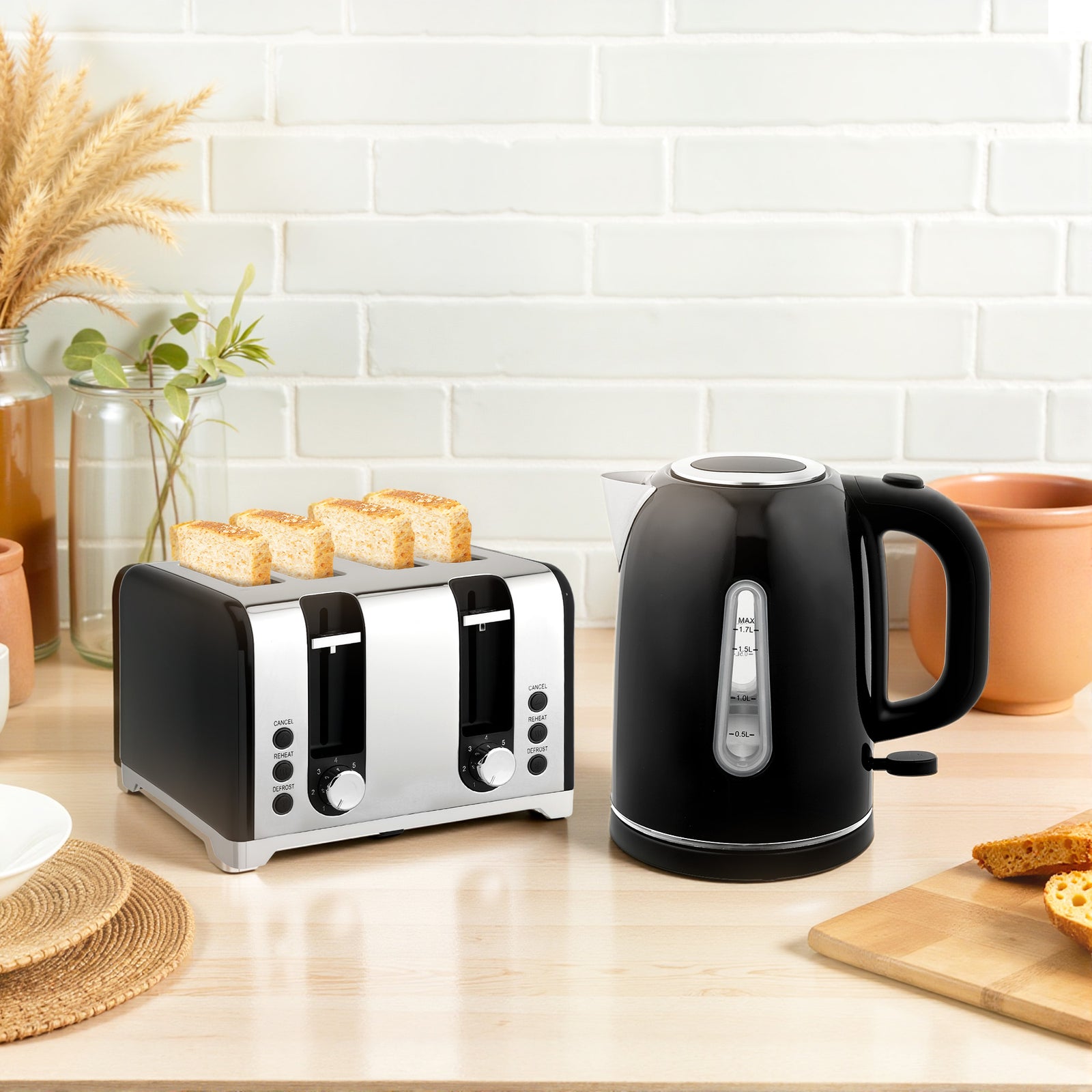 4 Slice Wide Slot Toaster And 1.7l Rapid Boil Kettle Set | Black