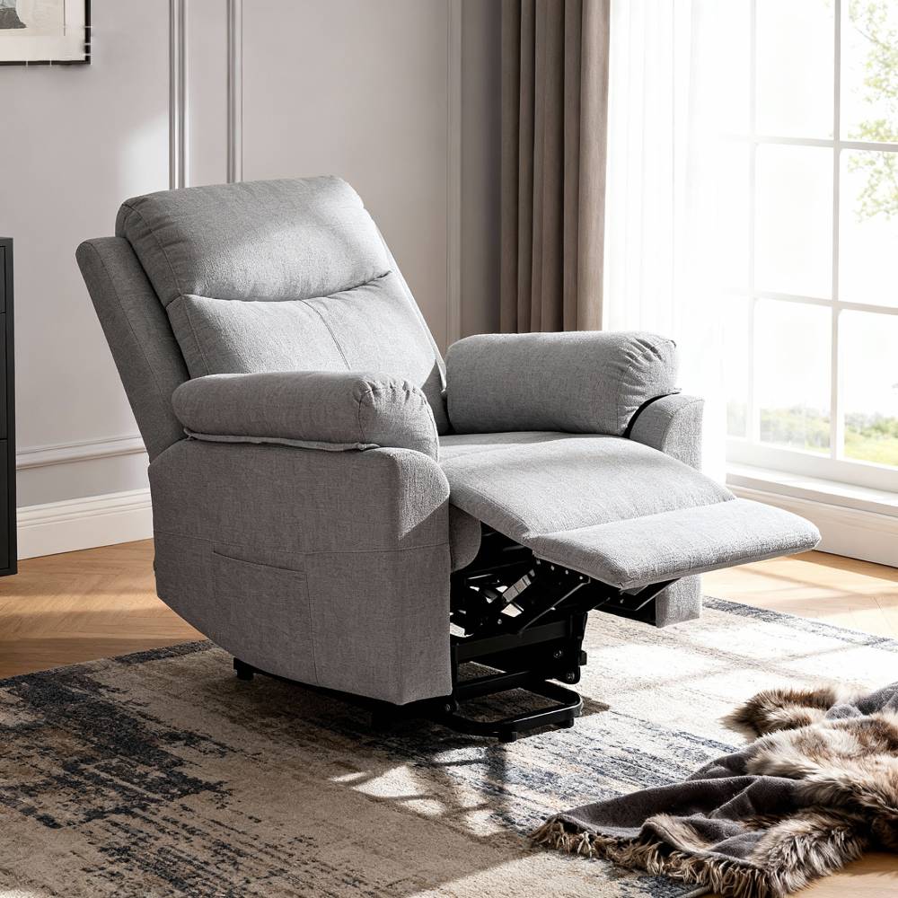 Ergonomic Chenille Single Sofa – Recline Up To 135°, Footrest, Side Pockets, Wood & Iron Frame | Grey