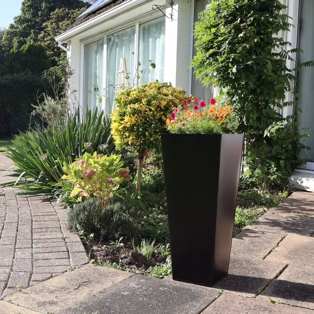 Zinc Galvanised Tall Flared Tapered Square Planter | 30cm x 30cm x 70cm | Matte Black