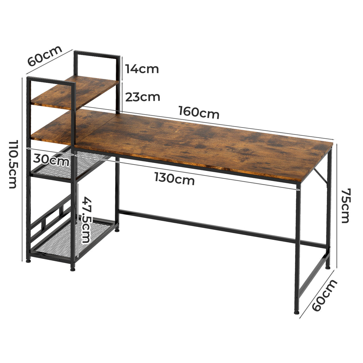 Computer Desk Study Table Home Office Workstation With 4-tier Shelf 160cm | Brown