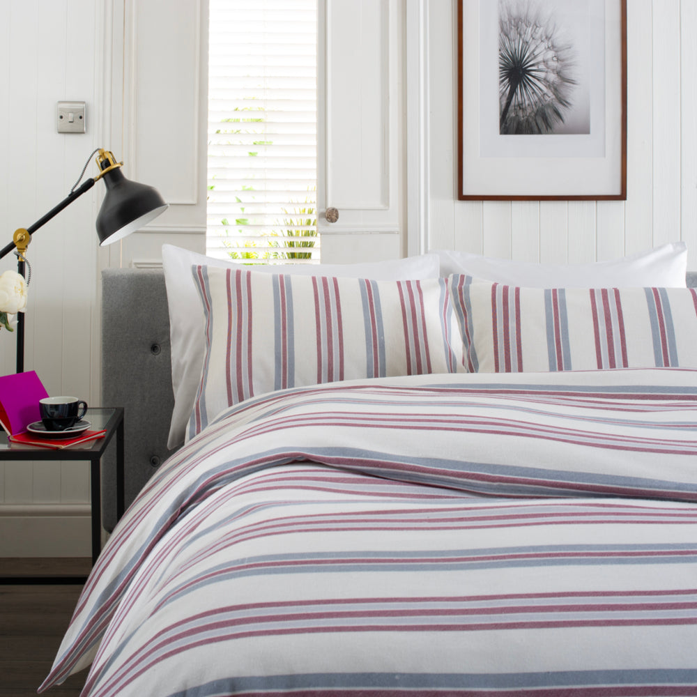 Magnate Stripe Printed Brushed 100% Cotton Bedlinen Duvet Set | Super King | Red
