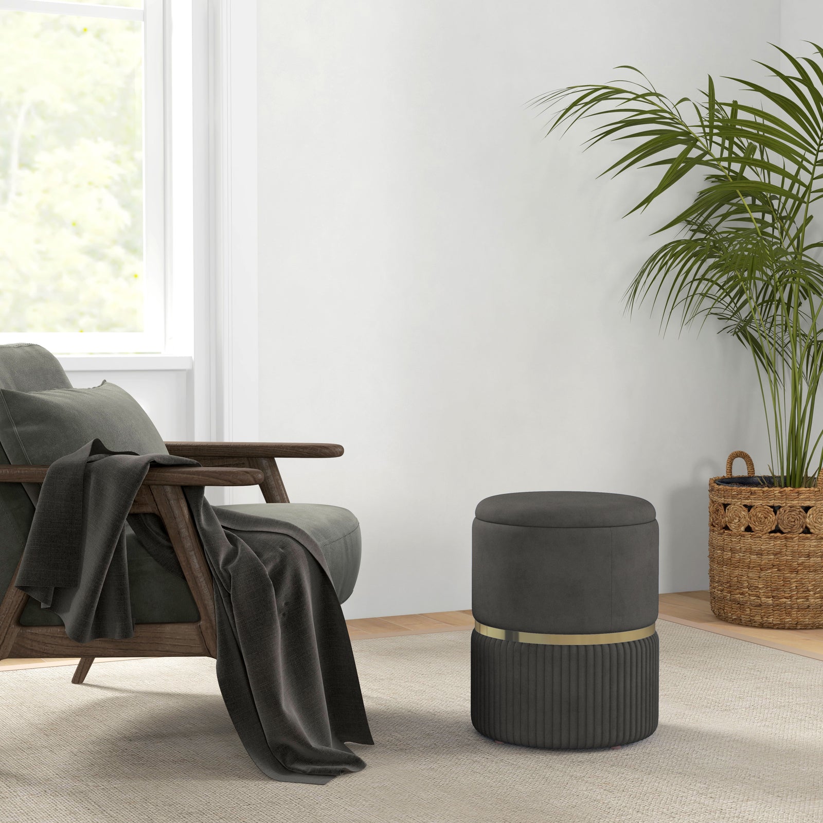 Round Pouffe, Hidden Space, Cushioned Top | Gray