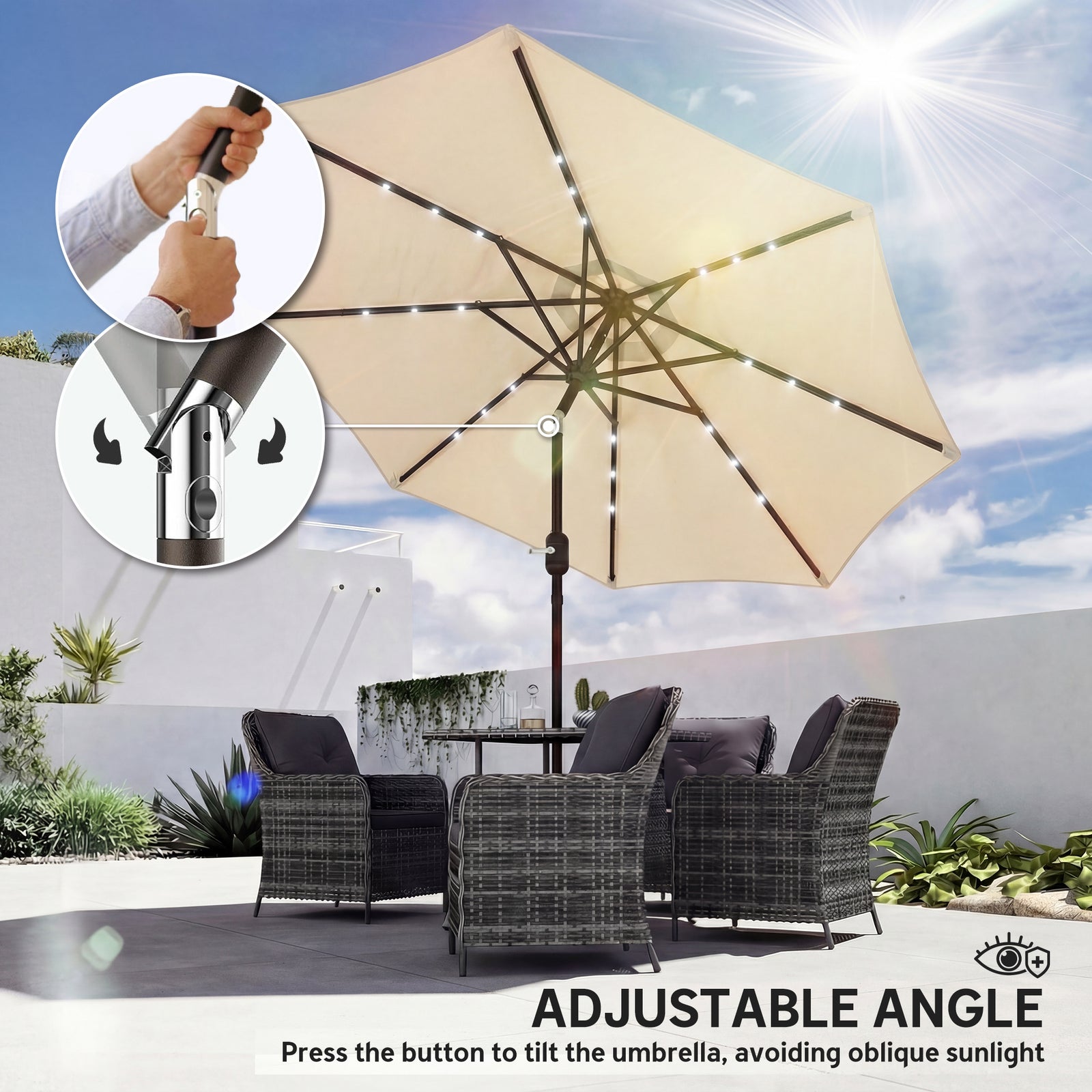 2.6 M Garden Parasol Umbrella With Light, Outdoor Patio Umbrella | Beige