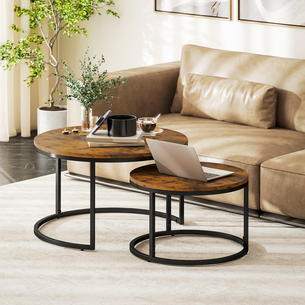 2 Pcs Stacking Coffee Table Set With Steel Frame | Rustic Brown