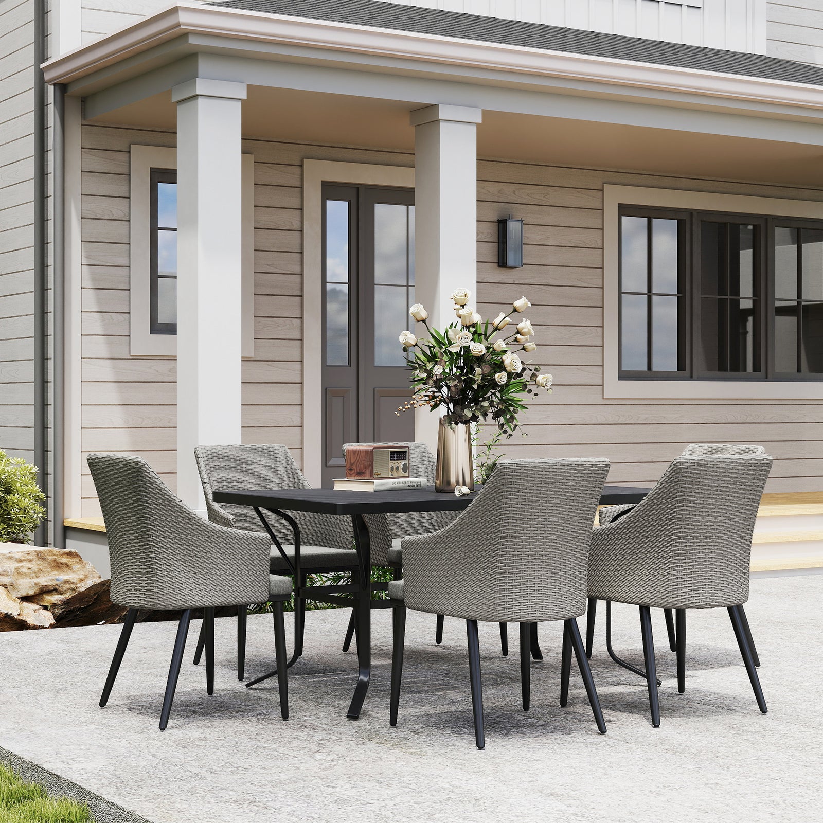 6 Seater Rattan Dining Set, Rectangle Slatted Table | Gray