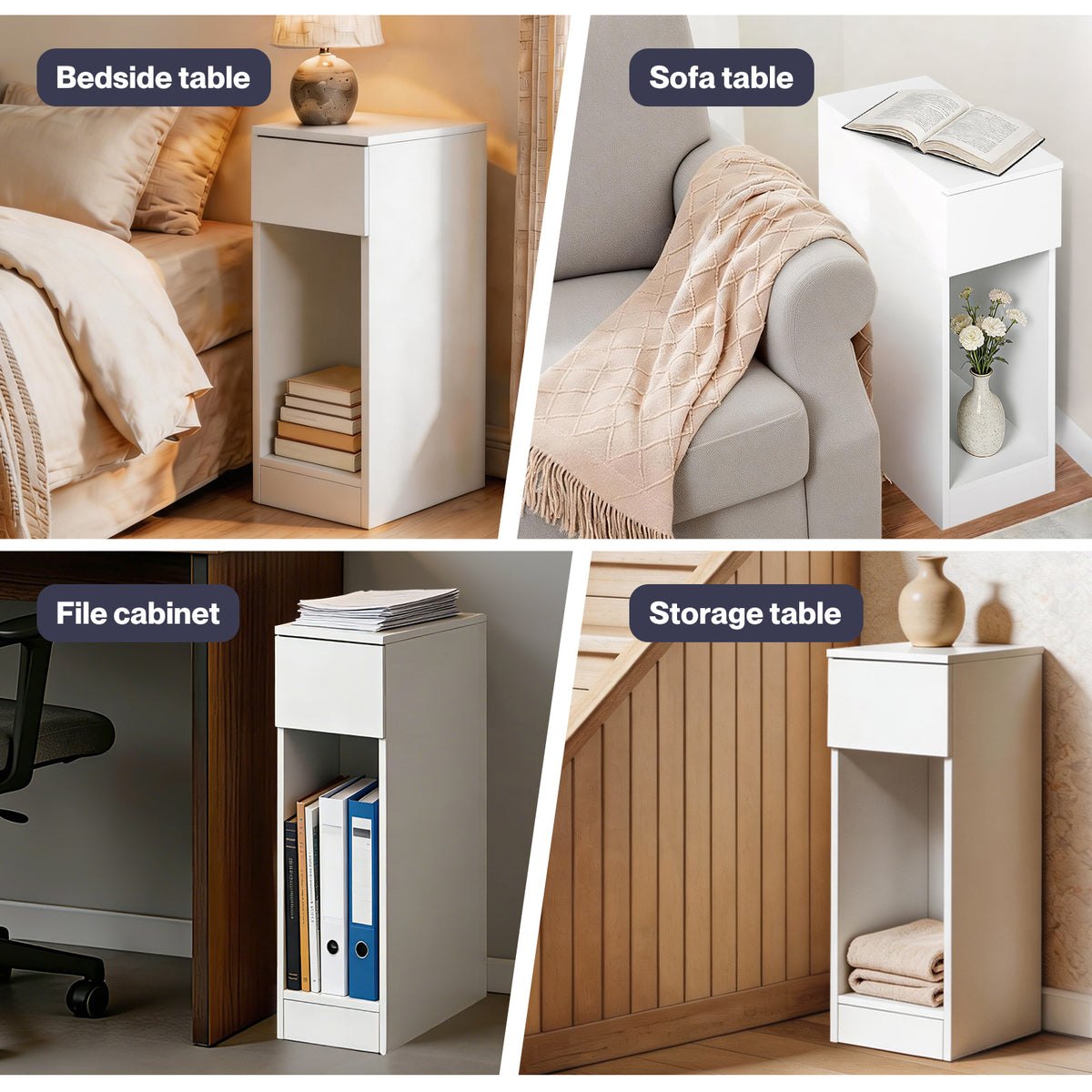 Bedside Table Cabinet  Narrow Slim Side Cabinet White Drawer Open Shelf | White
