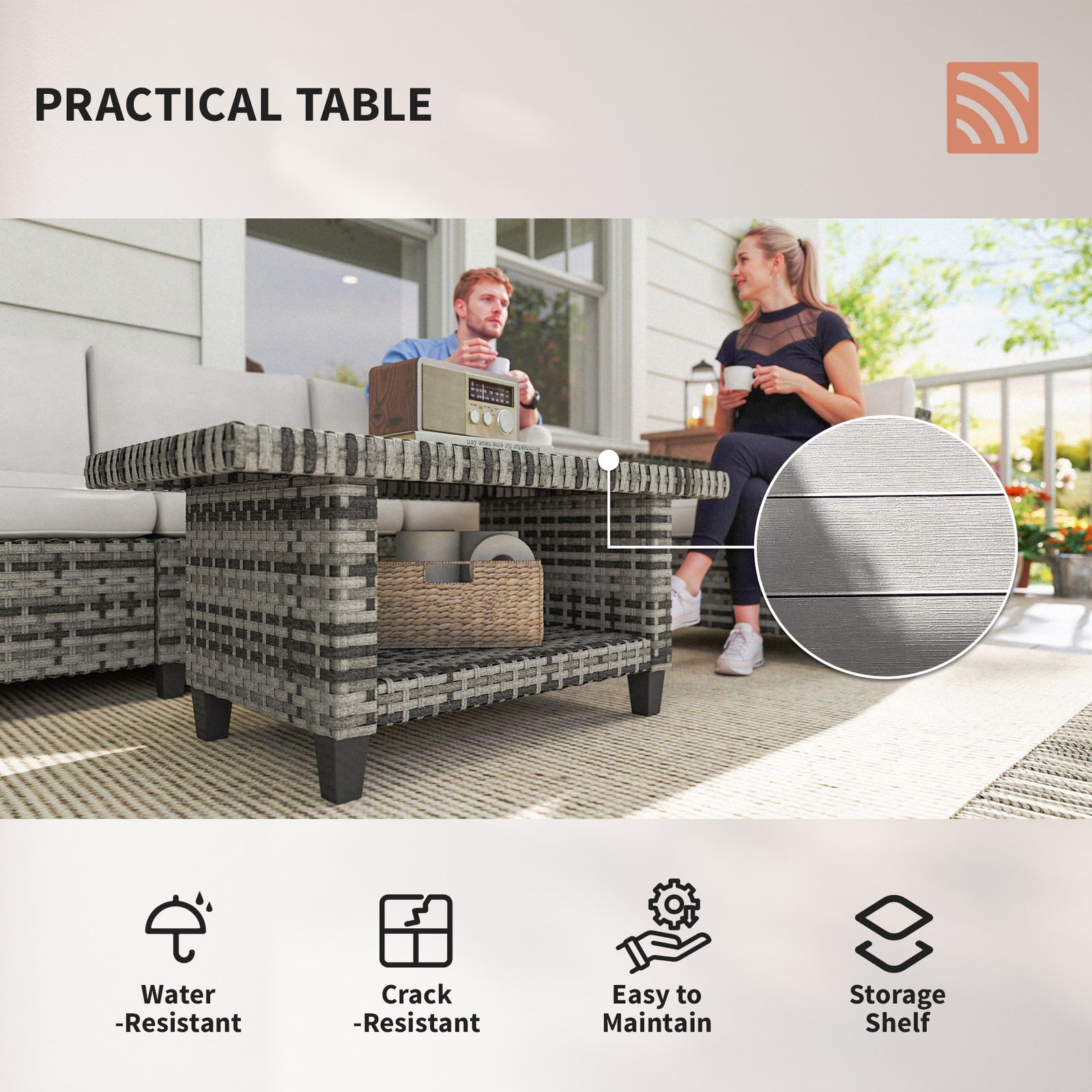 6 Pieces Rattan Set, 5 Seater With Coffee Table, Light Grey