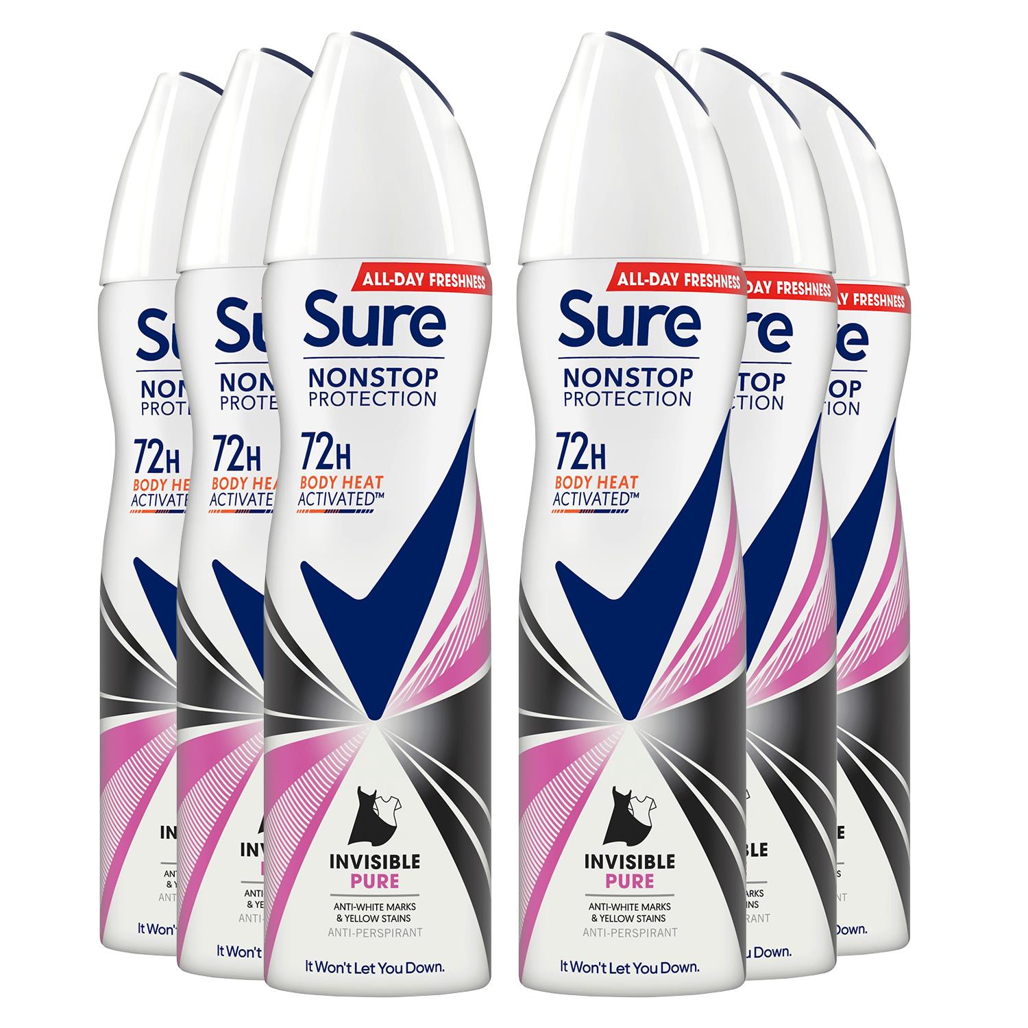 Women Anti-perspirant 72h Nonstop Protection Deo Invisible Pure 150ml, 6pk | 6