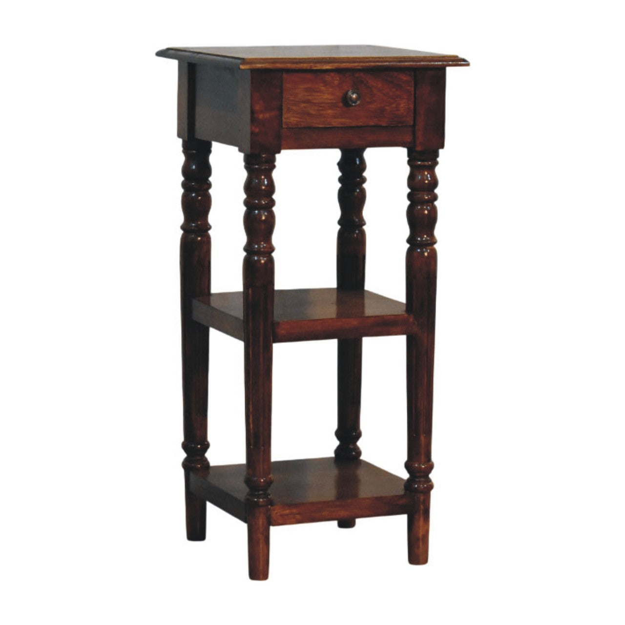 Tall Turned Leg Side Table, 1 Drawer, 2 Open Shelves, Dark Brown | 3 | Brown