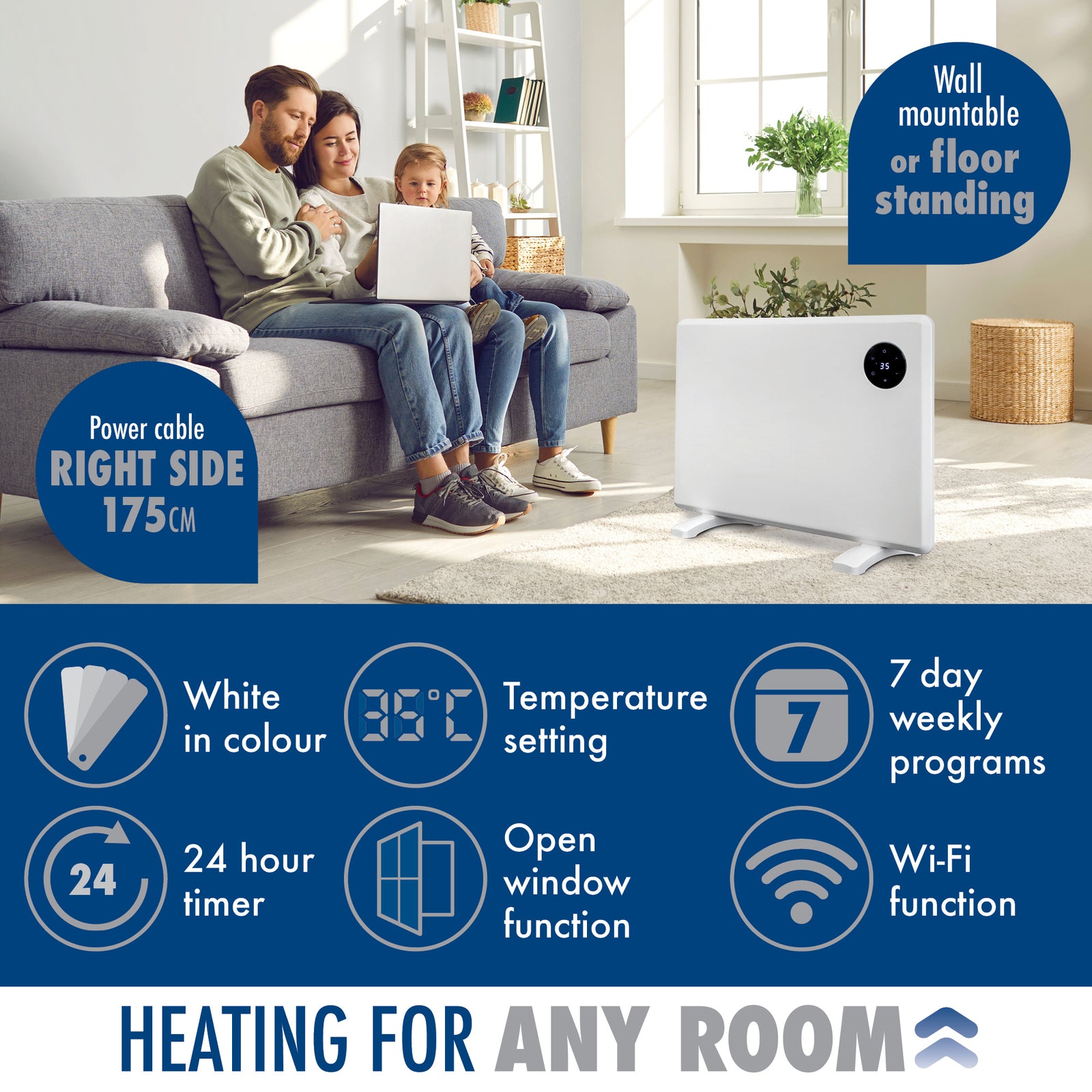Wifi Smart Electric Radiator Panel Heater White Wall Mounted Or Floor Standing Bathroom Safe Timer And Thermostat | 1000w | White