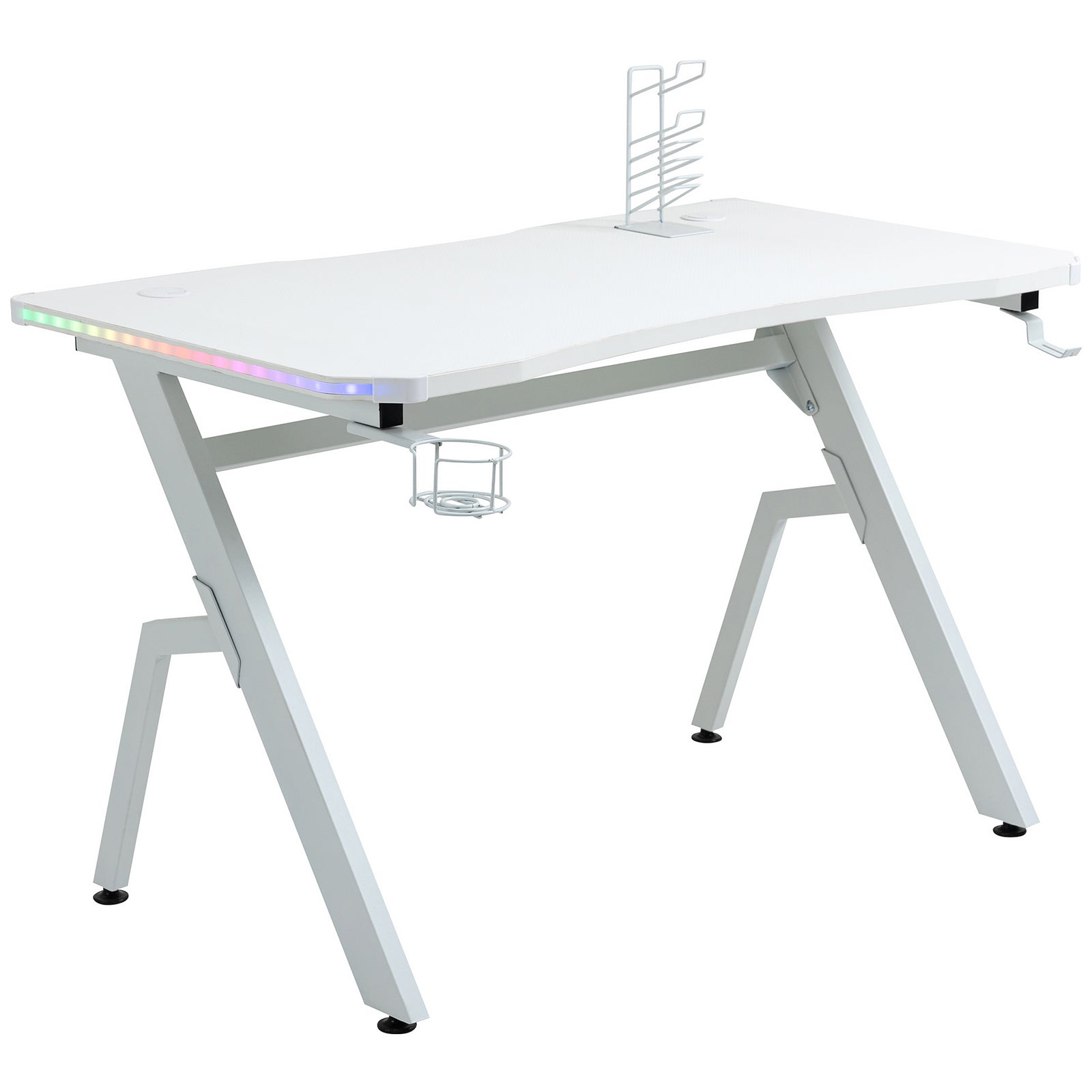 Ergonomic Gaming Desk With Hook Cup Holder Led | White