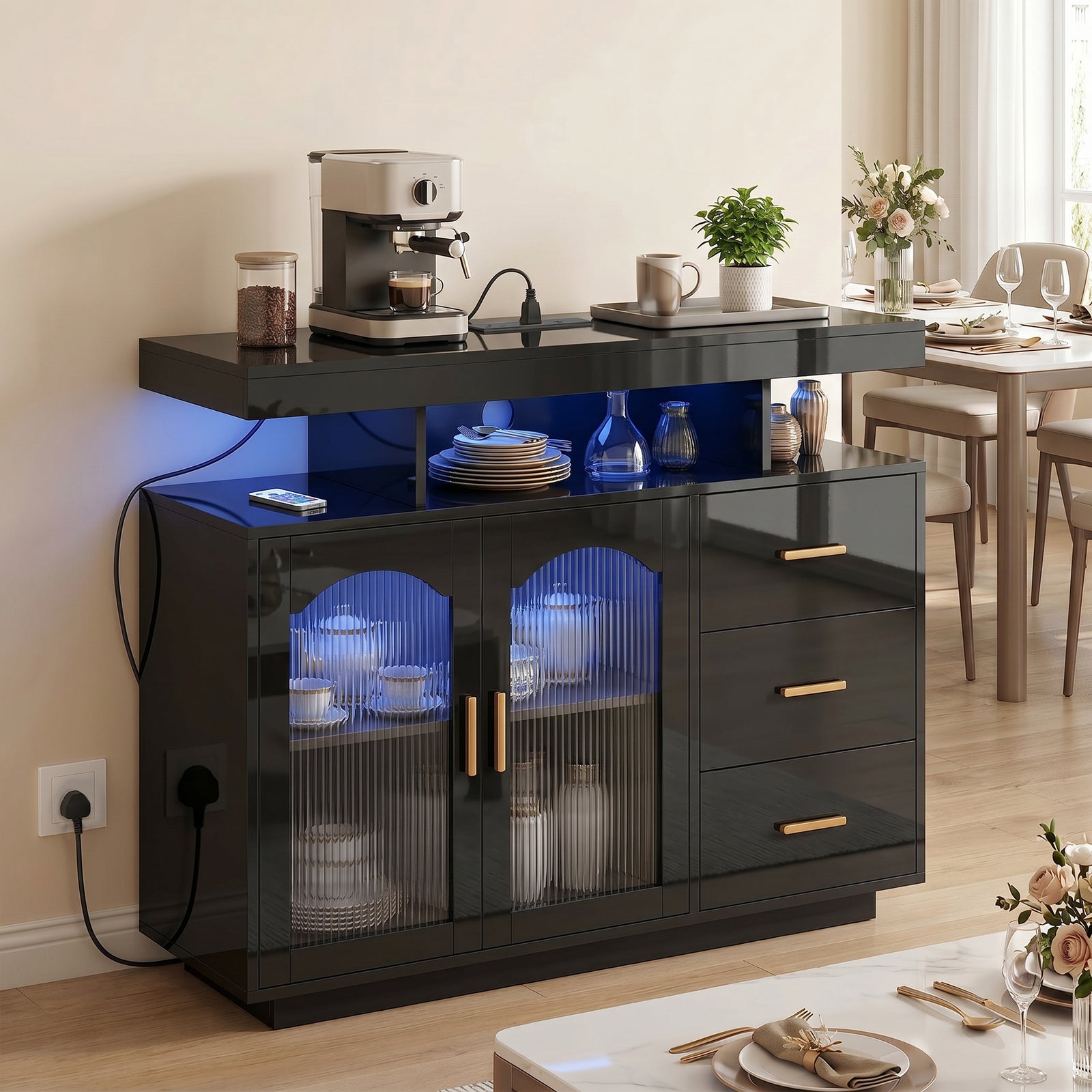 High Gloss Sideboard With Led Lights, Power Outlets, Drawers | Black