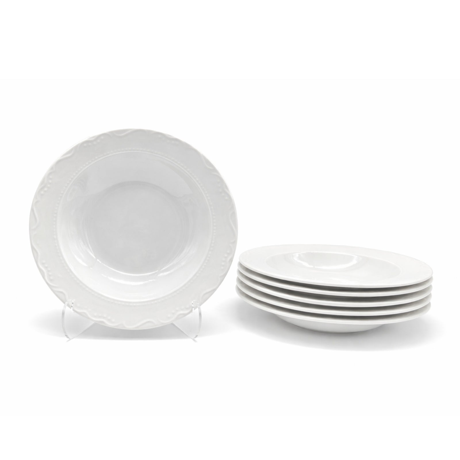 Dinner Set Porcelain White Embossed Floral Dot Rim Plates Bowls | Set of 18 | White