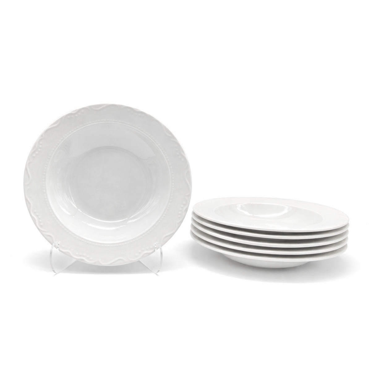 Soup Bowl Pasta Plate Porcelain White Embossed Floral Rim | Set of 4 | White