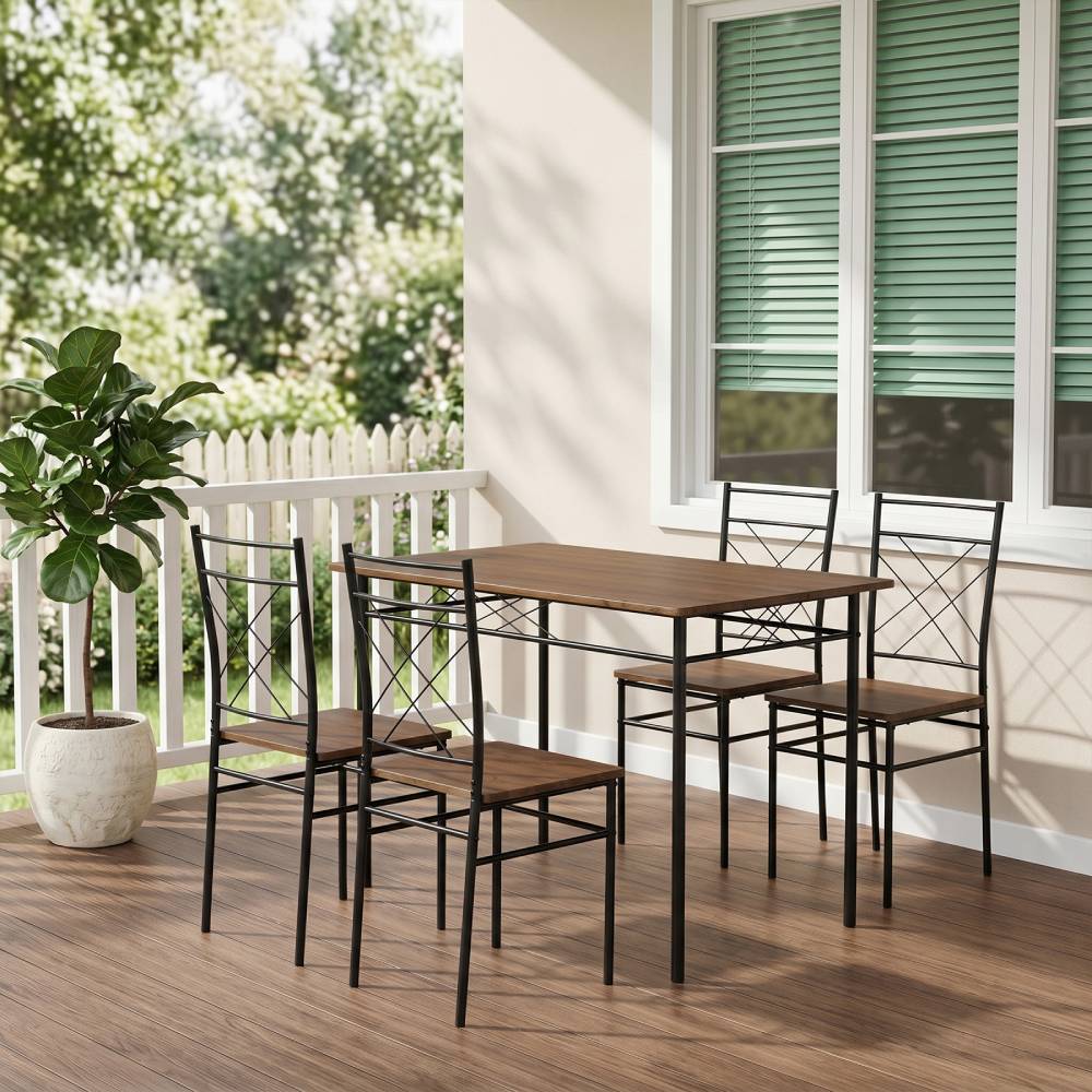5-piece Dining Table Set With 4 Chairs, Oak Wood Grain Mdf Top & Black Metal Frame