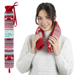Livivo 2l Long Hot Water Bottle With Red Festive Knitted Washable Cover