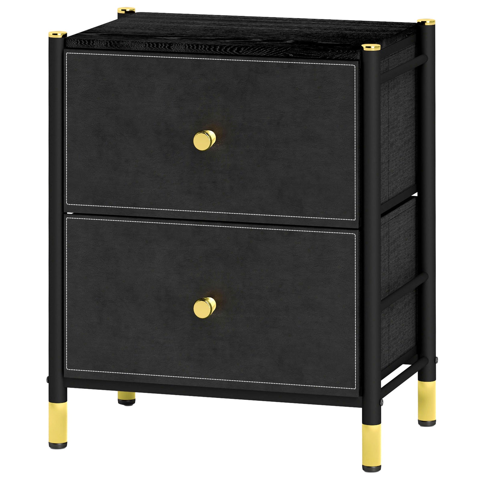 Pu Leather Bedside Table With 2 Drawers, Black
