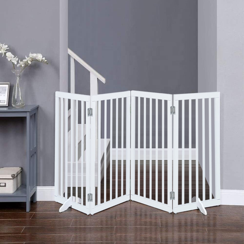 Foldable Freestanding 3/4-panel Pet Gate, Indoor Safety Barrier For Doorways, Halls & Staircases | Large | White